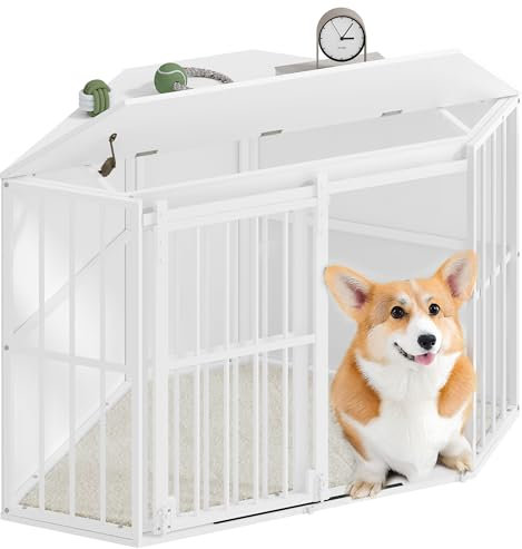 Hzuaneri Eck-Hundekäfig, Hundebox für Zuhause, Hundekäfig Möbel mit Kissen und Schiebetüren, Moderne Hundebox Holz Indoor Klappdeckel für Mittelgroße Kleine Hunde, 107 x 59,6 x 64 cm, Weiß DFC85903W