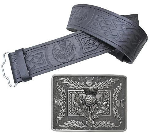 Ensemble ceinture de kilt en cuir et boucle, ceinture en relief chardon écossais avec boucles en argent antique nœud celtique en étain – Ceintures de kilt pour homme