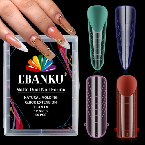 EBANKU 96PCS Poly Gel Nail Forms, Reusable Dual Forms for Polygel Multicolor Matte Stiletto Almond Square Nail Mold Acrylic Nail Extension Tool for Home Salon Nail Manicure, 4 Styles