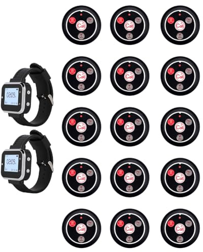 Fuhjythy Cafe Waiter Service Buzzer 15 Restaurant Table Call Button Transmitter 2 Watch Waiter Pager Wireless Calling System UK Plug