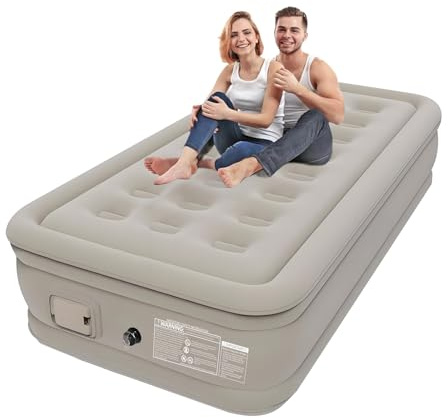 YOBWOK Materasso Gonfiabile Singolo,Materassi ad Aria da Campeggio con Pompa Incorporata e Rialzato Cuscino per uso Domestico,Letto Gonfiaggio e Sgonfiaggio Rapido 190x100x40cm,Cachi