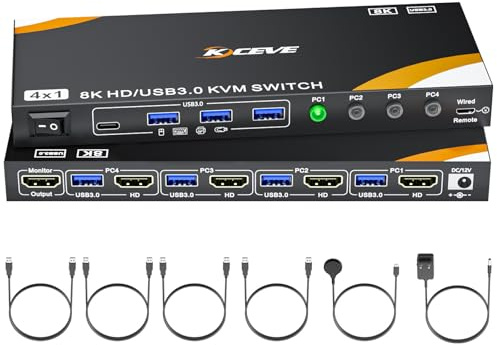 Camgeet HDMI KVM-switch 4 PC 1 monitor 8K@60 Hz, med 4 USB3.0 enheter | 4-port KVM-switch HDMI för 4 datorer delar 1 monitor och tangentbord, mus, skrivare, med Wired Remote och 4 USB3.0-kablar