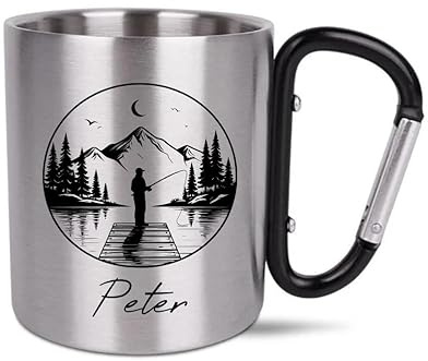 Personalisierter Metallbecher (Edelstahl) mit Anglermotiv – Angelbecher mit Name, Campingbecher mit Karabiner, Geschenk für Angler & Outdoor Tasse Becher