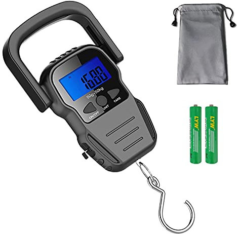aokuy Digitale Fischwaage, Gepäckwaage, Gewicht Hänge-Hakenwaage, 50 kg, LCD-Display mit Hintergrundbeleuchtung, wasserdichte Tasche (Batterien im Lieferumfang enthalten)