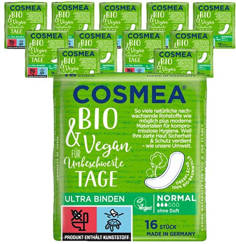 Cosmea Bio Ultra-Binden, Normal ohne Duft, Vorteilspack (12 x 16 Stk). Hygiene-Einlagen aus Bio-Baumwolle. Damen-Hygiene im Einklang mit der Natur