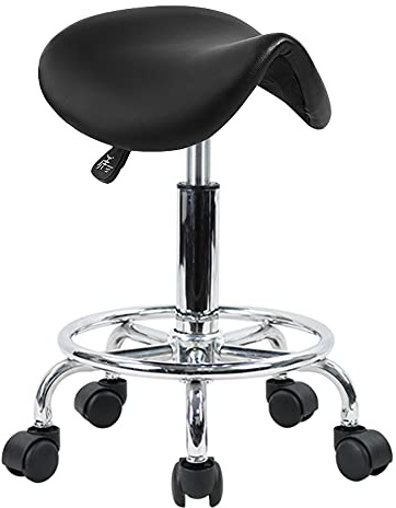 KKTONER Saddle Stool with Foot Rest PU Leather Swivel Adjustable Rolling Stool with Wheels Facial Salon Chair (Black)