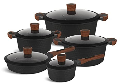 EDENBERG 10 TLG Topfset Induktion, Töpfe & Pfannen beschichtet, Kochtopf Set | Kochgeschirr Set, induktionsgeeignet, Schwarz