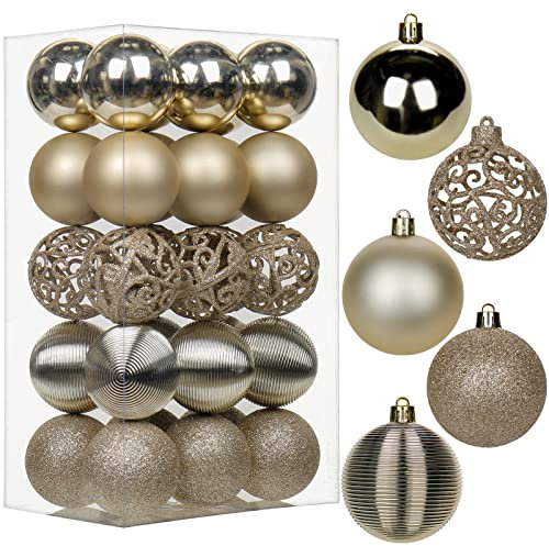 Lot de 30 boules de Noël avec ficelles, 60 mm, champagne doré, incassable, en plastique à suspendre, pendentifs pour sapin de Noël, pour la maison, les fêtes, les mariages, les vacances