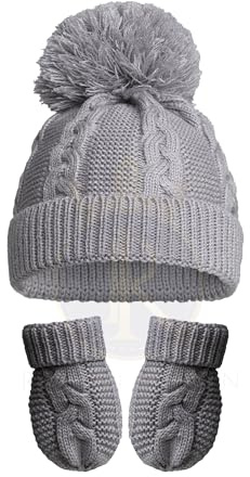 Royal Icon Baby Knitted Pom Hat With Mittens - Boys Girls Winter Set, Cable Knit Bubble Hat, NB-12 Months RI6512 (Grey)