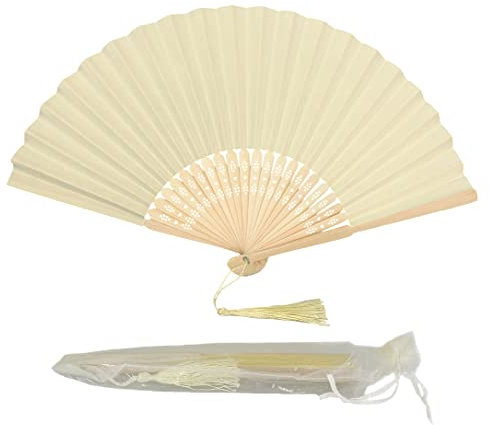 Ventaglio pieghevole portatile di carta con nappa e nervature in bambù di grado A, per donne e ragazze, regalo estivo per feste di compleanno, matrimonio (avorio)