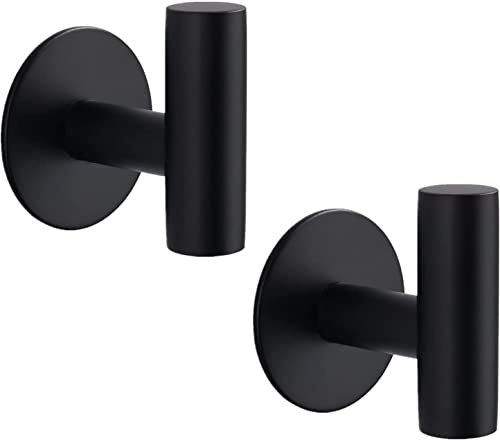 YUET 2 Pcs Bathroom Towel Hook Self Adhesive,Stick on Metal Coat Hooks Robe Hook SUS 304 Stainless Steel Heavy Duty Door Hanger Clothes Closet Sponges Holder No Drill for Bathroom Hotel (Matte Black)