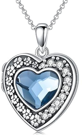 enjoylifecreative Flower Locket Necklace that Hold Pictures S925 Sterling Silver Heart Crystal Photo Locket Necklace for Women