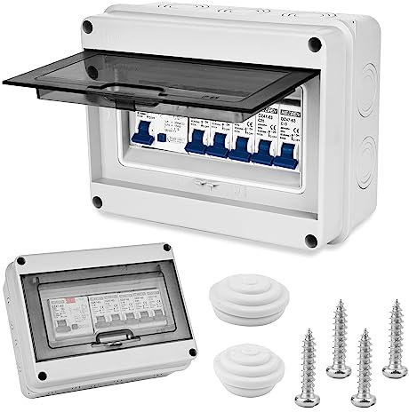 Sporgo Boîte à fusibles en saillie IP65 : sous-distribution en saillie, petit répartiteur, boîte de distribution pour pièces humides, disjoncteur 63 A, interrupteur d'air 2 × 6 A+1 × 10 A+1 × 20 A+1 ×