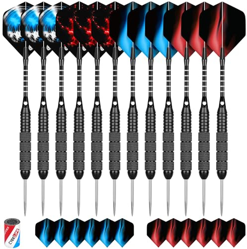 CyeeLife Dardos con Punta de Metal, 12 Unidades de Dardos de Acero Profesionales con 24 Plumas y afilador, 22 Gramos (Negro)