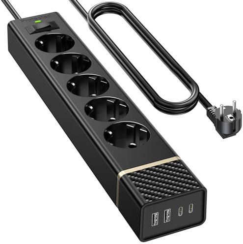 Multiprise Electrique 5 Prises avec 2 USB C, Bloc Multiprise 5 Prises 3M, Multiprise Murale Montage avec 2 USB A et 2 USB, Cable 3M