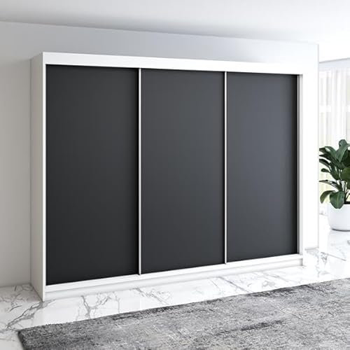 A&J MöbelLand Mero Schwebetürenschrank 200 cm, Kleiderschrank 3-türig mit 4 Schubladen (Weiß/Schwarz)