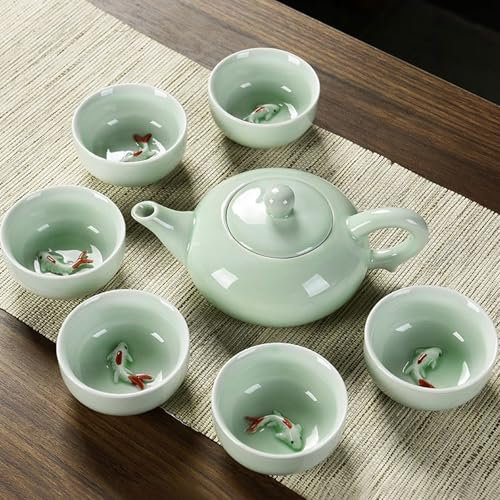 Chinesisch Kung Fu Teeservice, Koi Keramik Teekanne Set,Japanische Teetasse Handgemachte Porzellan Teekanne und 6 Teetassen Set Tee-Liebhaber Tee Set (Hellgrün, Ökobox)