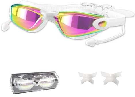 Ruayia Lunettes de natation polarisées pour homme et femme - Pince-nez - Lunettes de natation - Protection UV - Anti-buée - Sangle réglable - Pour adolescents - Blanc