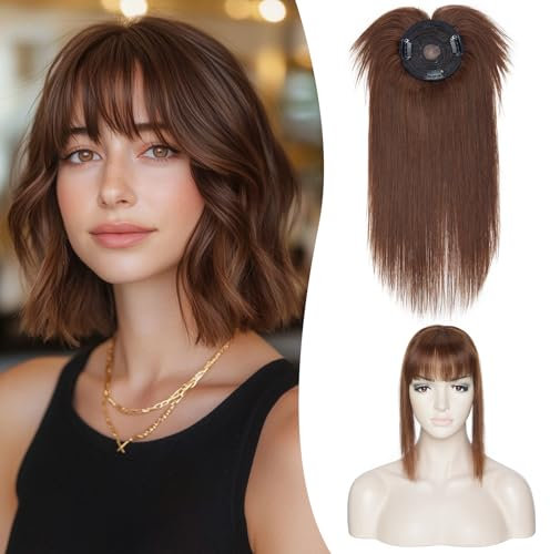 S-noilite Topper für Frauen Echthaar mit Pony 150% Dichte Toupet Haarteil Echthaar Damen Haarverdichtung für Dünnes Haar Mono Basis Haarverlängerung 25cm - 32g #4 Schokoladenbraun
