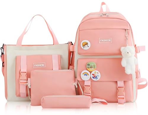 Duscdesp Girls School Bag Set, 4 Pcs Cute Kawaii Kids Backpacks with Cute Bear Decoration and Badges (Pink)