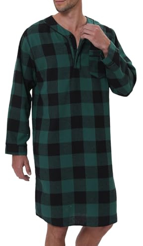 RUMAOZIA - Camicia da notte da uomo a maniche lunghe, lunghezza al ginocchio, in jersey, pigiama in cotone morbido e arioso, camicia da notte, abito da casa, sexy, vintage, a quadri, a righe