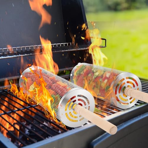Landrip Rolling Grill Baskets, BBQ Accessories, Removable Wooden Handle, 304 Stainless Steel, for Vegetables Shrimp, Outdoor Camping Grill, Gifts for Men or BBQ Lovers (2PCS)