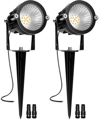 Low Voltage Landscape Lights, 10W 12/24V 2700K Warm White Landscape Lighting, IP65 Waterproof Outdoor LED Spotlight for Garden Yard Tree, 2 Pack with Connectors