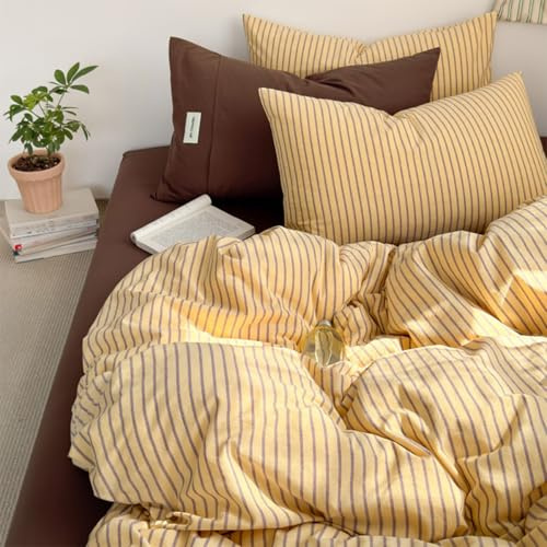 Sedefen Housse de Couette 140x200cm Marron Rayures Jaune Parure de Lit 1 Personnes Adulte Imprimé Rayure Linge de Lit en Microfibre Avez Fermeture Éclair et 1 Taies d'oreiller 65x65cm