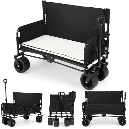 COSTWAY 2 in 1 Carrello Pieghevole con Panca, Carrello Trasportabile con Maniglia Regolabile, Cuscini Morbidi e Ruote, Carrello da Giardino in 600D Oxford, 80 kg, 85 L, per Campeggio e Spiaggia (Nero)
