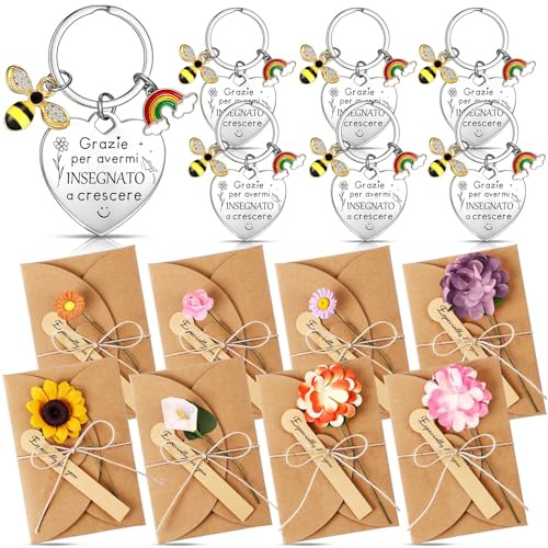 Otuuz 8 Sets Regali di Ringraziamento per Insegnanti 8 Portachiavi Api Arcobaleni in Metallo 8 Buste di Fiori Secchi con Biglietti di Auguri per Maestra Laurea Scuola Addio Giorno degli Insegnanti
