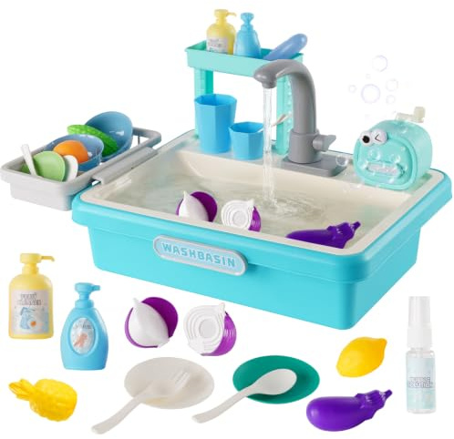 Evier Enfant avec Circuit Eau, Cuisine Exterieur Enfant, Machine à Bulles, légumes en Plastique Amovibles, 25 pièces pour garçons et Filles (Bleu)