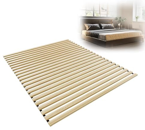 Aufun Sommier à lattes roulant en épicéa avec 23 lattes, 160 x 200 cm, pliable, stable, charge jusqu'à 300 kg, pour tous les types de matelas, avec élastique noir