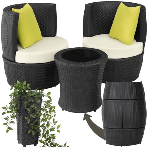 tectake® Set di Mobili da Giardino, Poli Rattan e Alluminio, 2 Sedie, 1 Tavolo, 1 Vaso, Cuscini, Sedia da Esterno, Poltroncina, Set Balcone, Poltrona Giardino, Tavolo con Sedie Esterno - Nero