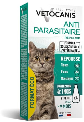 Vetocanis | Pipettes Anti-Puces Chat > 9 Mois Pack Eco x4 | Repousse les Puces, les Tiques et les Moustiques | Antiparasitaire Efficace 4 Mois | Traitement à Usage Vétérinaire pour Chat Toutes Races