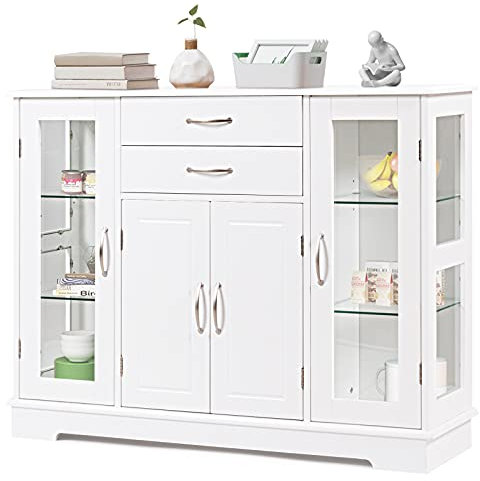 GIANTEX Aparador de Cocina con Cajones, 2 Puertas de Vidrio, Armario Buffet de Madera, Estilo Rústico, Mueble Auxiliar de Almacenamiento, para Comedor, Cocina, Salón, Color Blanco
