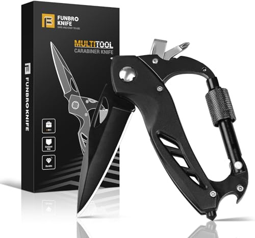 FUNBRO Multitool Carabiner with Pocket Knife, Stocking Stuffers Gifts for Men, EDC Carabiners with Folding Knives, Bottle Opener, Window Breaker and Screwdriver, Survival Gear for Camping Hiking