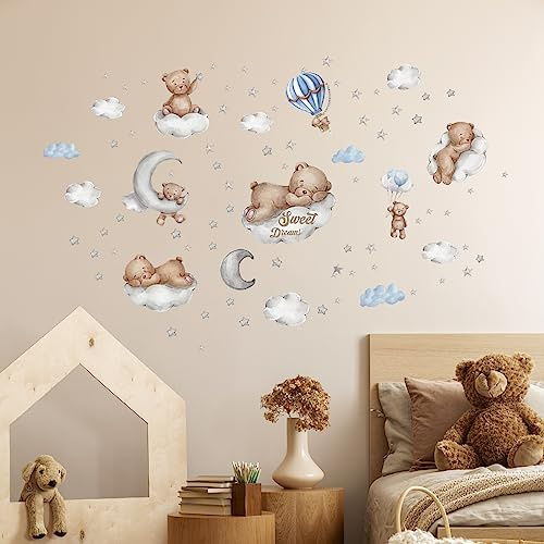 Tanlaby Teddybär auf der Wolke Wandtattoo Mond Stern Heißer Luftballon Wandsticker Sweet Dream Wandaufkleber für Kinder Babyzimmer Wohnzimmer Schlafzimmer Kinderzimmer Hause Wanddekoration