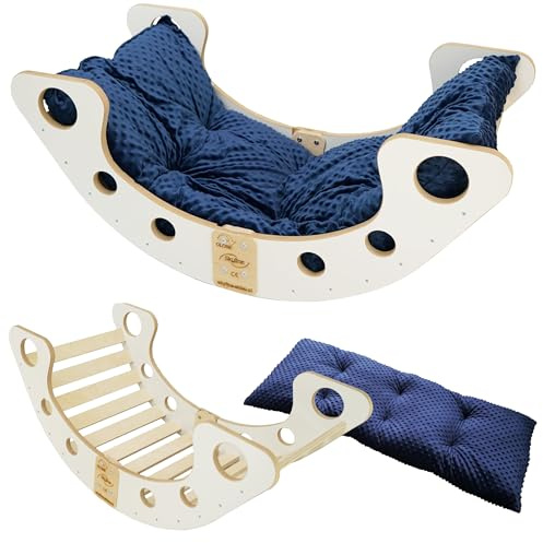 Skyline Balancelles Bascule Enfant Montessori Bebe 1 an Escalade Arche en Bois Mur descalade meble Arc à Grimper Bascule d'équilibre Portique d'escalade avec Coussin L Blanc/Bleu