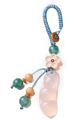 LOTONJT Crystal Keychain Ornament Auspicous Bean Pendant Charm White Carnelian Crystal Feng Shui Wealthy Lucky Pea Aesthetic Amulet Teal for Cellphone Keys Purse Handbag Earphone Case Decor