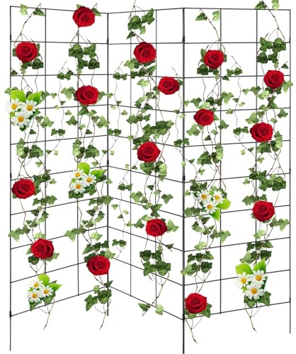 Menkxi 3 Panel Folding Garden Trellis for Climbing Plants, 52.6 W x 58 H Sturdy Metal Frame Cucumber Metal Trellis Garden Plants Support for Outdoor Pea Grape and Other Climbing Vegetable