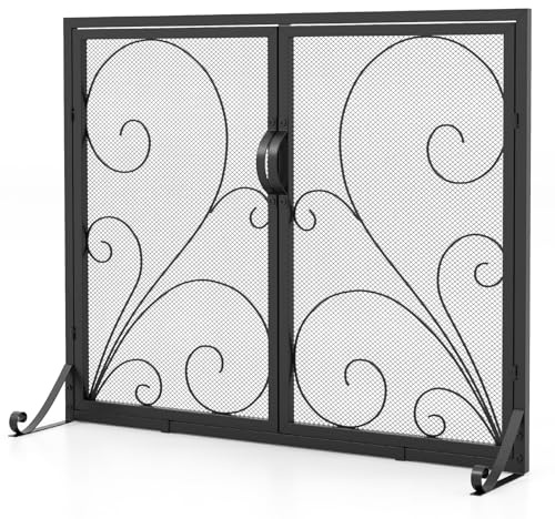 TANGZON Fireplace Screen, Spark Protection Fire Guard with Double Doors, Handles & Extended Support Legs, Indoor Outdoor Mesh Spark Flame Barrier Fire Panel（with 2 Hinged Doors,96 x 35 x 78cm）