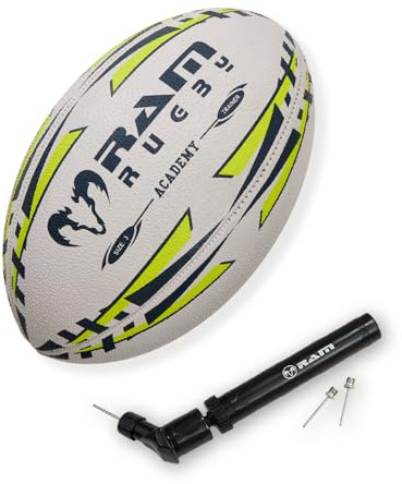Ram Rugby Academy Training Ball, Size 5,4 & 3 - Ideal for Clubs & Schools | Durable 3-ply school & club rugby ball. 3D grip, latex bladder, colour-coded sizes 3,4 & 5. Best value training ball.