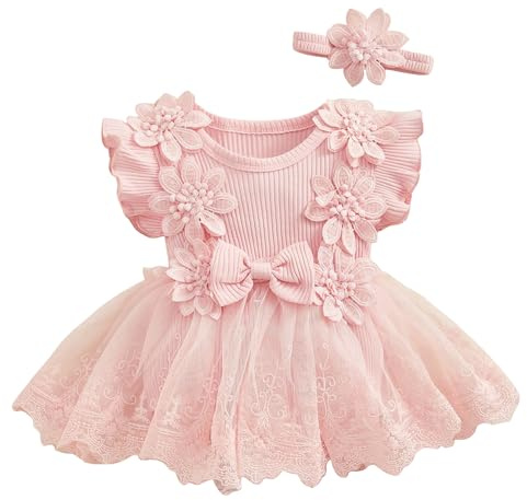 AIEOE Vestidos para bebé niña, vestido de bautizo para bebé niña, sin mangas, de encaje con flores + diadema, conjunto 0-18 meses, Rosa., 12-18 meses