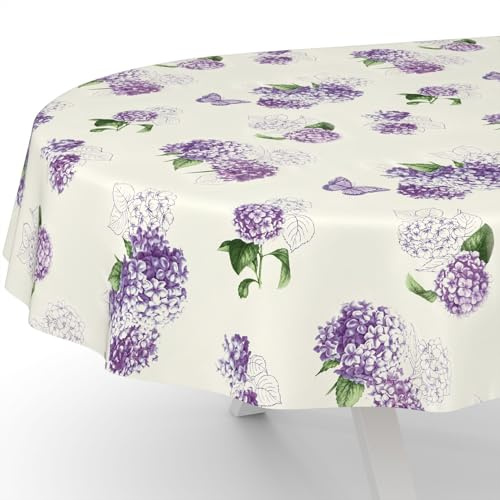 ANRO Nappe en toile cirée lavable, pour table de jardin, de forme ronde, ovale ou rectangulaire, ovale, bord coupé, motif fleurs lilas, 180 x 140 cm