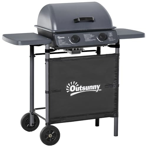 Outsunny Barbecue à gaz à 2 brûleurs avec couvercle, 5,6 kW - Barbecue à gaz avec roulettes, étagères latérales, gris