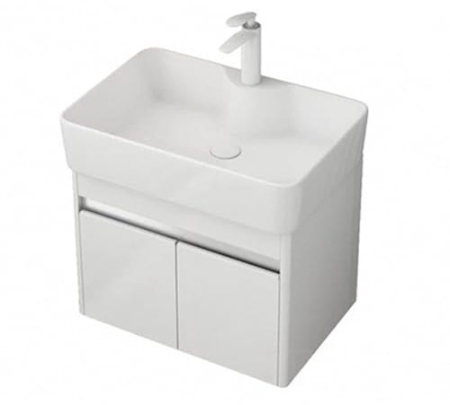 Lavandino da bagno ad angolo con mobiletto sospeso bianco (59 x 39 cm), soluzione salvaspazio per piccoli bagni