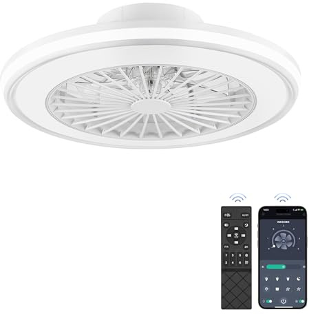 ZMISHIBO Ventilador de techo con luz silencioso 49,5 cm, ventilador sin aspas, 32W LED+16W motor DC, 6 velocidades, 3 temperaturas, APP y mando, temporizador, lámpara ventilador techo blanca