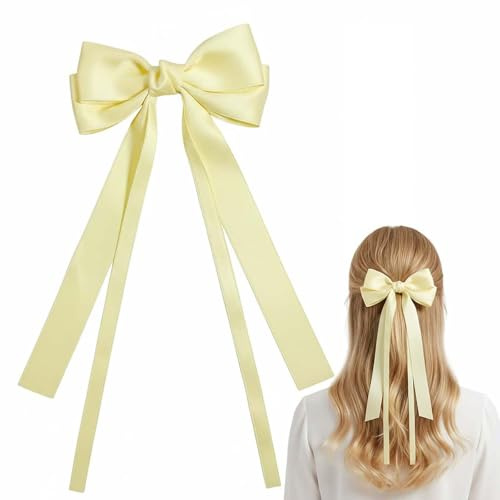Light Yellow Long Ribbon Bow Hair Clip for Women and Girls, Bow Barrette