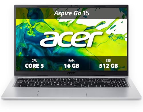 Acer, Aspire Go 15, Laptop, 15.6 inches, Full HD IPS Display, Intel Core 5 120U, 16 GB RAM, 512 GB SSD, Intel Graphics, Windows 11 Home, Silver, AG15-72P