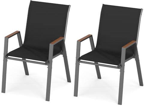 GiantexUK Stackable Patio Chairs Set of 2/4, Metal Frame Outdoor Dining Chairs with High Back & Armrests, Breathable Fabric Bistro Conversation Seats for Backyard Poolside Balcony (2, Black) | with High Back & Armrests, Metal Frame Outdoor Breathable Fabric Bistro Conversation Seats for Backyard Poolside Balcony